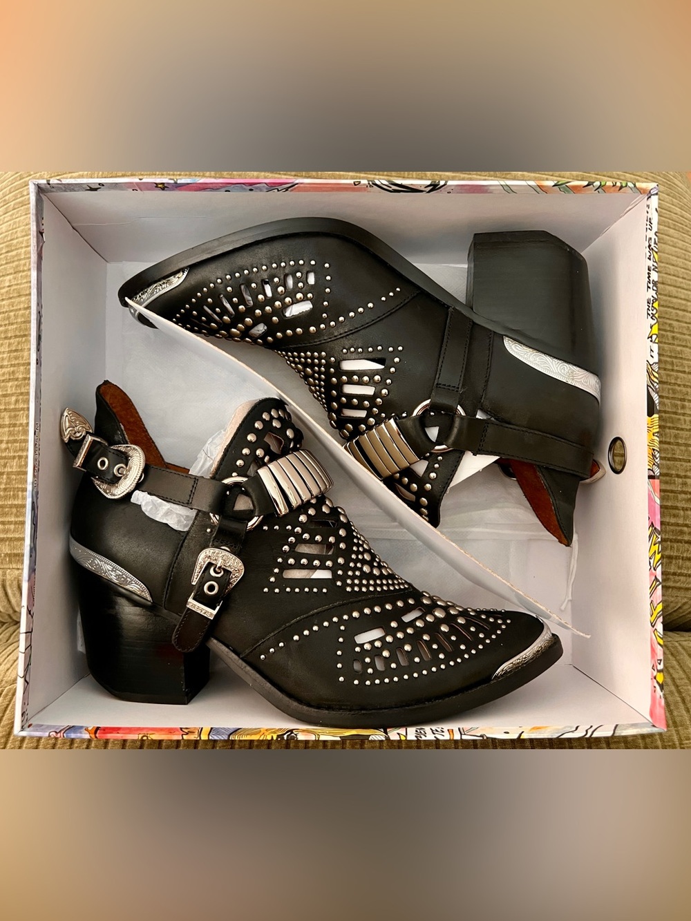 Jeffrey Campbell Calhoun-4 Black Studded Western Booties with Silver Accents 9.5